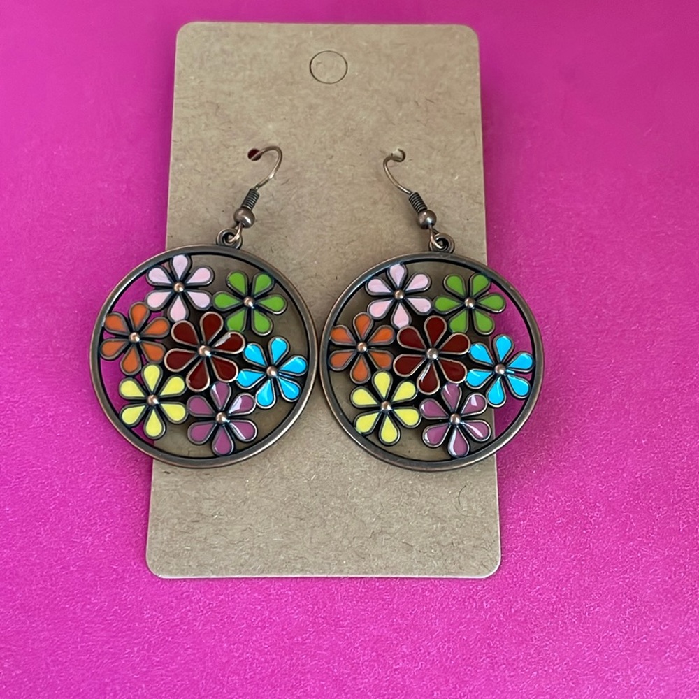 Antiqued Bronze BOHO Round Multicolor Flower Earrings